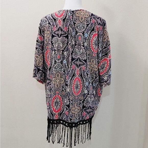 Moon Collection Boho Open-Front Cardigan Fringe Short Sleeve Crotchet Hem Size L - Picture 4 of 9